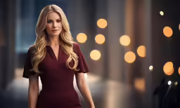the model is in a dress with her hands together and looking down