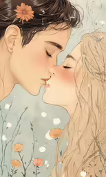 a couple kissing and surrounded by flowers and vines
