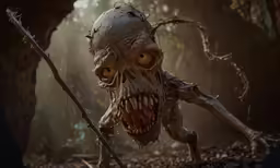 a weird looking creature in the woods, with his face exposed to look like it has big mouth and long tongue