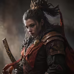 a woman dressed as an elf is holding a sword