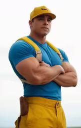 a man wearing a yellow hat and yellow work pants