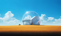 an abstract rendering of an egg shaped structure surrounded by a field of wheat and blue skies with white clouds