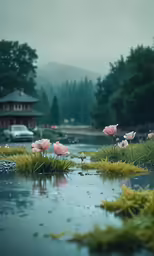 a bunch of pink flowers in the water