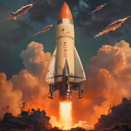 an old, dirty space shuttle lifts off into the sky