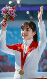 the olympic woman holds up a bunch of flowers