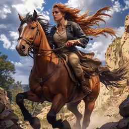 a beautiful woman riding on the back of a brown horse