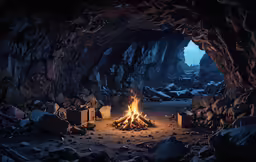 a small fire in a cave filled with rocks