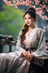 woman in traditional japanese costume sitting on a bench,the woman in the kimono is sitting on a bench