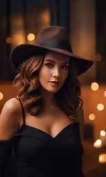 a woman in black is wearing a brown hat