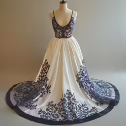 the white dress with blue details is shown