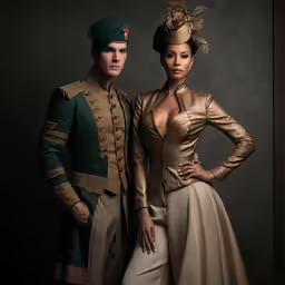 an attractive couple wearing an artistic costume and standing side by side