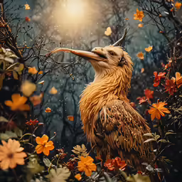 an odd looking bird in the middle of a floral field