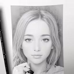a drawing of a woman with bangs and blonde hair, next to a brush