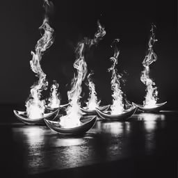 boat with flame burning on top is sitting in the water