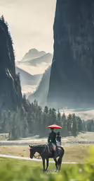 a person riding on the back of a horse with an umbrella over their head