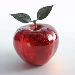 a shiny red apple with a leaf on top of it