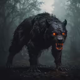 an animal with glowing eyes standing in a foggy forest