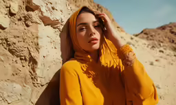 a young woman is sitting in a desert while wearing a yellow hoodie