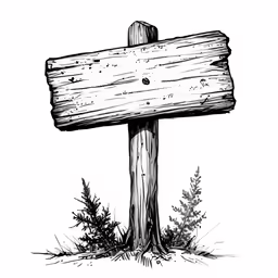 the hand drawn wooden signpost has a bush growing out of it
