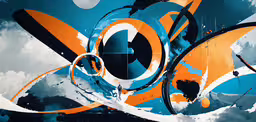 an abstract painting featuring orange and blue on it,an abstract painting of bright colors, white and orange