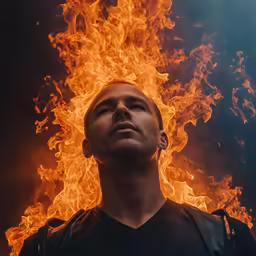 the fire is getting lighter around his face as a man stares up