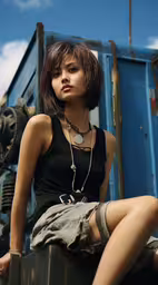 an asian girl with short brown hair poses for a photo,a young girl sitting on a trashcan wearing a necklace and shorts