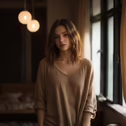 a woman with her hand on her hip looks off into the distance