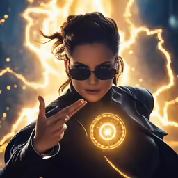 a woman wearing sunglasses, holding a light up hand