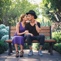 two people on a bench one man kissing the other