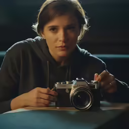 a woman sitting at a table holding an antique camera