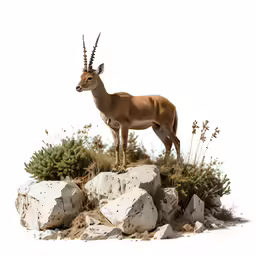 a gazelle standing on top of rocks near bushes