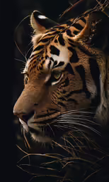 a large tiger with the head looking at something