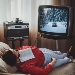 a person laying on top of a bed next to a tv