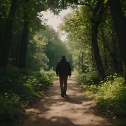a person walking down a tree lined road