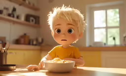 a small kid sitting at a table with some food in front of him