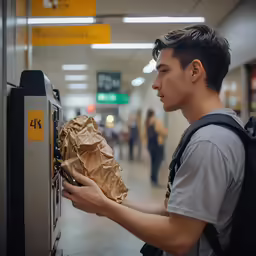 a young man taking something out of an atm machine