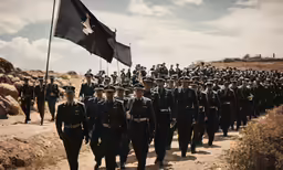 a large group of military men walking across a field