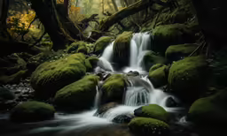 a waterfall in a lush green forest with lots of moss