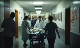 doctors at the end of a hallway with food on a table