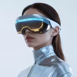 a woman wearing futuristic goggles in a studio