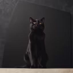 a black cat is sitting on a wooden shelf