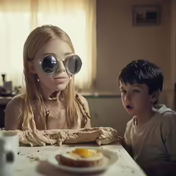 two kids wearing large round glasses while sitting at a table