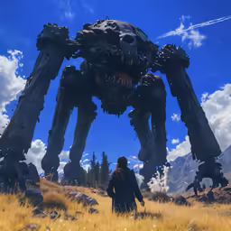 two people standing in a field under a giant robot