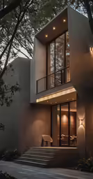 a modern house is illuminated at night by outdoor lamps
