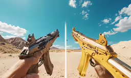 two men are holding two different toy guns