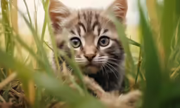 a kitten is standing among the grass staring at the camera