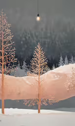 trees in the winter, in front of snow, with light bulb hanging from the ceiling,three trees standing next to each other in the snow