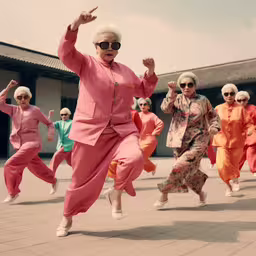 an elderly woman in a pink suit is dancing with other women,many people dressed in pink performing some type of dancing