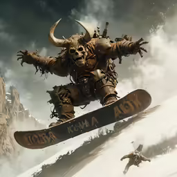 an image of a giant demon snowboarder flying through the air