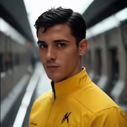 a man with short black hair, wearing a yellow jacket